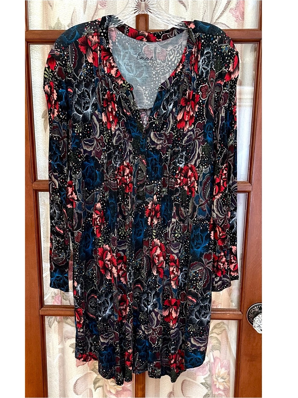 Simply Emma Black Floral Tunic with Red and Blue flowers and butterflies